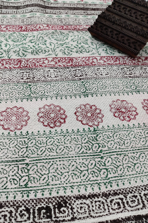 SootiSyahi 'Flowering Blush' Handblock Printed Cotton Dhurrie Rug