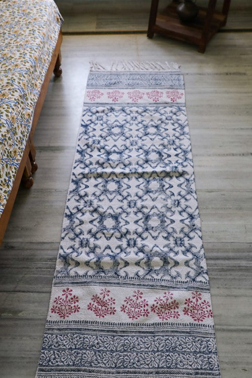 SootiSyahi '' Handblock Printed Cotton Dhurrie Rug