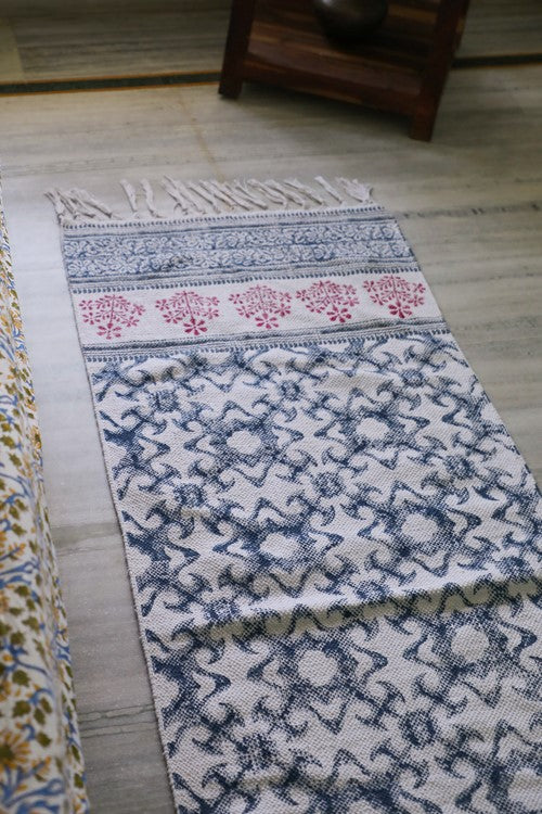 SootiSyahi '' Handblock Printed Cotton Dhurrie Rug