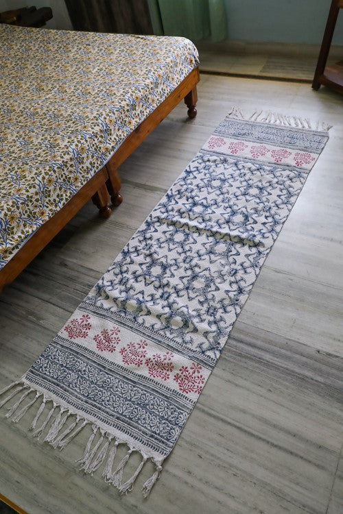 SootiSyahi '' Handblock Printed Cotton Dhurrie Rug