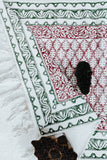 SootiSyahi 'Red Garden' Handblock Printed Cotton Dhurrie Rug