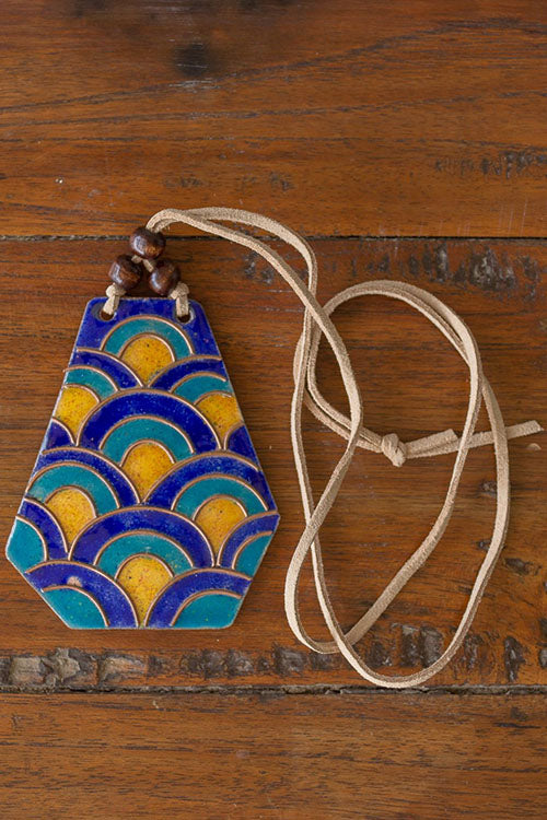 Retro Style copper enamel pendent with faux leather string and wooden beads-1
