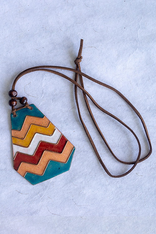 Retro Style copper enamel pendent with faux leather string and wooden beads-7