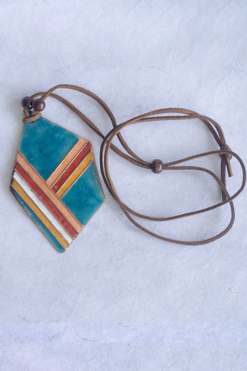 Retro Style copper enamel pendent with faux leather string and wooden beads-8