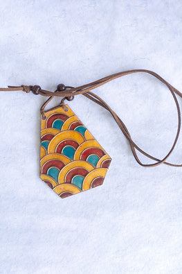 Retro Style copper enamel pendent with faux leather string and wooden beads-9