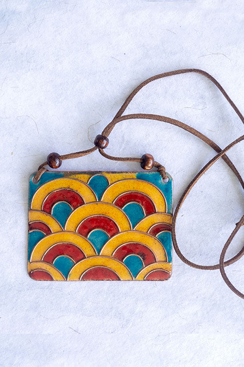 Retro Style copper enamel pendent with faux leather string and wooden beads