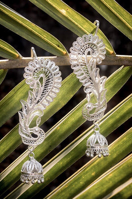Silver Linings Peacock Handmade Silver Filigree Cuff Earrings For Women
