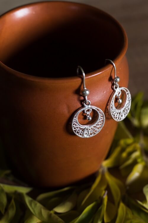 Silver Linings Mini Handmade Silver Filigree Chandabali Earrings For Women