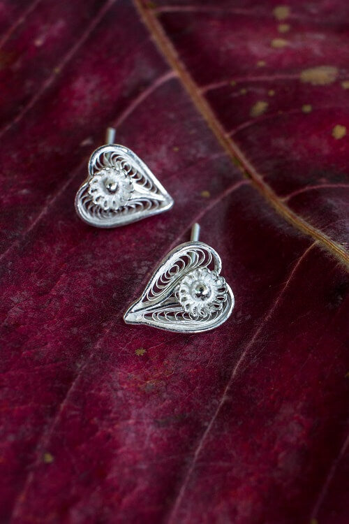 Silver Linings Heart Handmade Silver Filigree Studs Earrings For Women