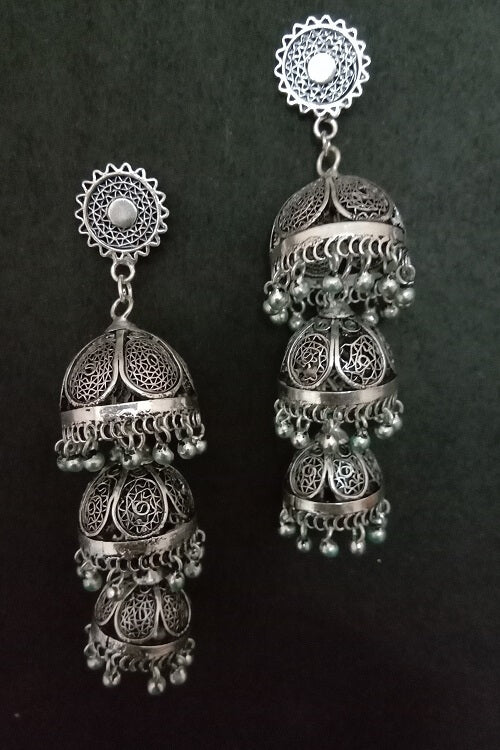 Silver Linings "Trio" Oxidised Silver Filigree Handmade Jhumka Earrings