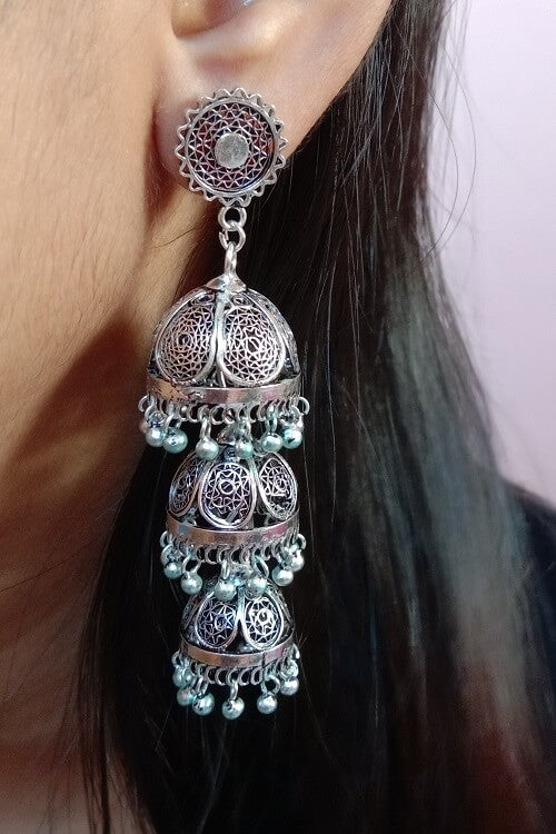 Silver Linings "Trio" Oxidised Silver Filigree Handmade Jhumka Earrings