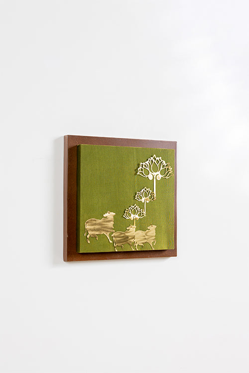 Wall Frame With Cow And Lotus Composition