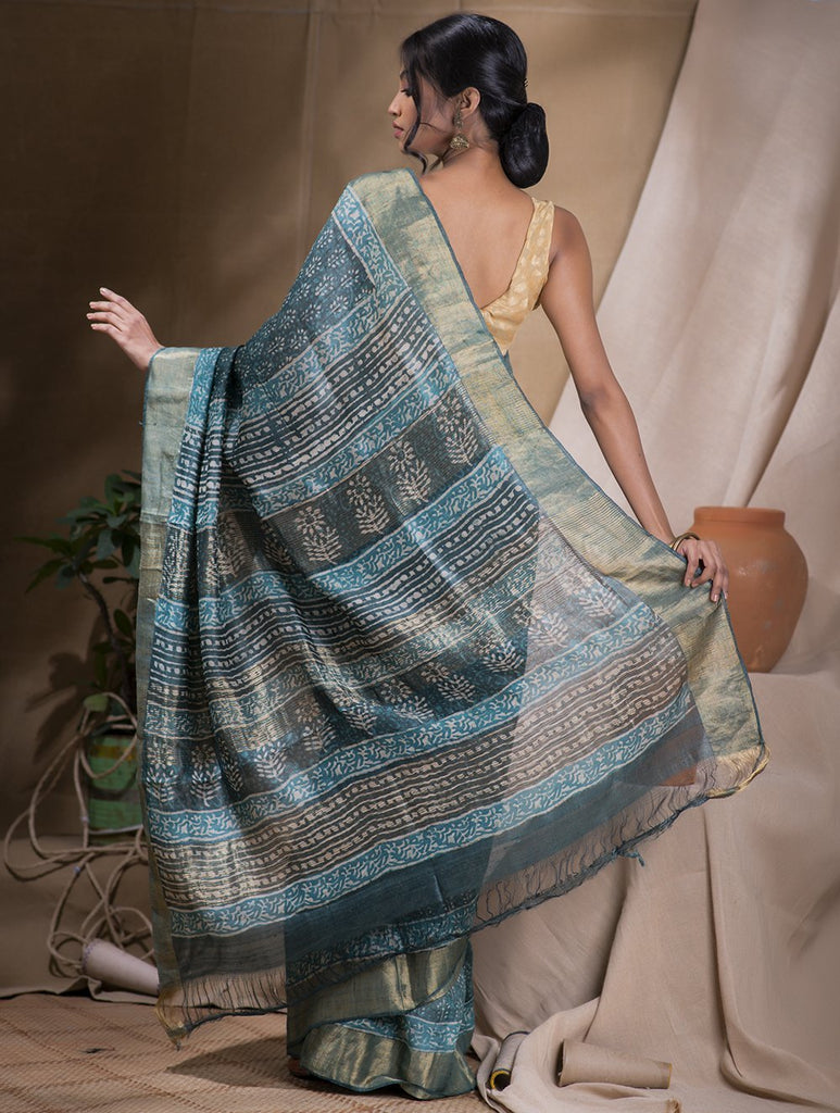 Festive & Exclusive Tassar Silk Bagru Saree (With Blouse Piece) - Aqua Blue & Dull Gold