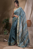 Aqua Blue & Dull Gold Printed Tassar Silk Saree With Blouse Online