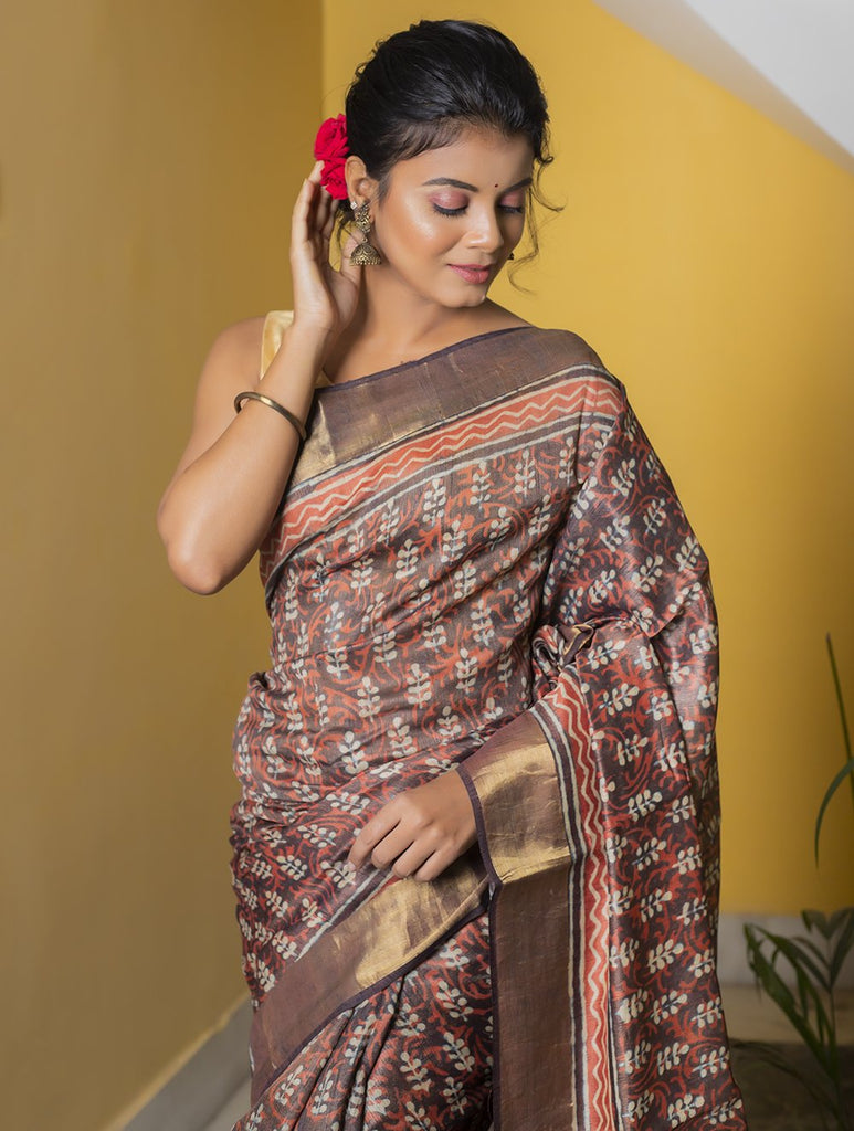 Deep Brown, Coral & Dull Gold Printed Tassar Silk Saree With Blouse Online