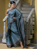 Blue & Metallic Gold Printed Tassar Silk Saree With Blouse Online