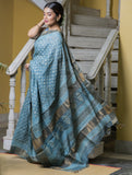 Turqua Blue, Dull Gold & Beige Gold Printed Tassar Silk Saree With Blouse Online