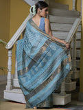 Festive & Exclusive Tassar Silk Bagru Saree (With Blouse Piece) - Turqua Blue, Dull Gold & Beige