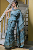 Turqua Blue, Dull Gold & Beige Gold Printed Tassar Silk Saree With Blouse Online