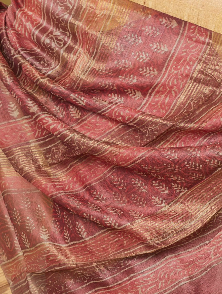Festive & Exclusive Tassar Silk Bagru Saree (With Blouse Piece) - Warm Pink, Beige & Dull Gold
