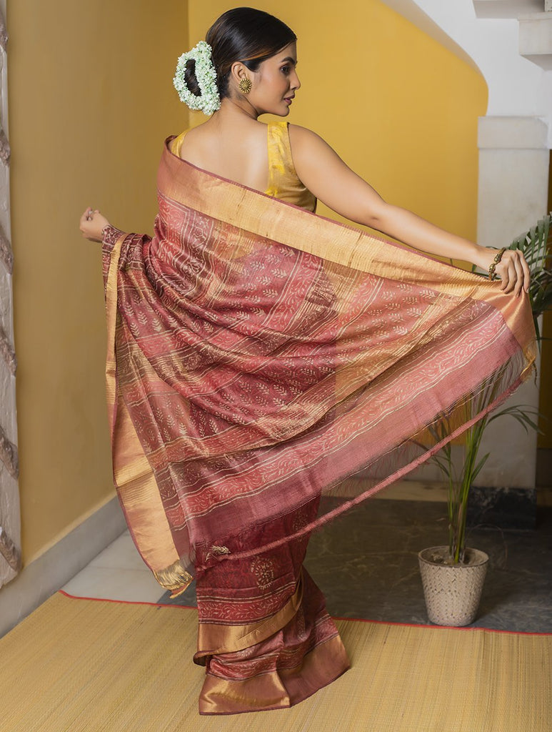 Festive & Exclusive Tassar Silk Bagru Saree (With Blouse Piece) - Warm Pink, Beige & Dull Gold