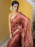 Warm Pink, Beige & Dull Gold Printed Tassar Silk Saree With Blouse Online