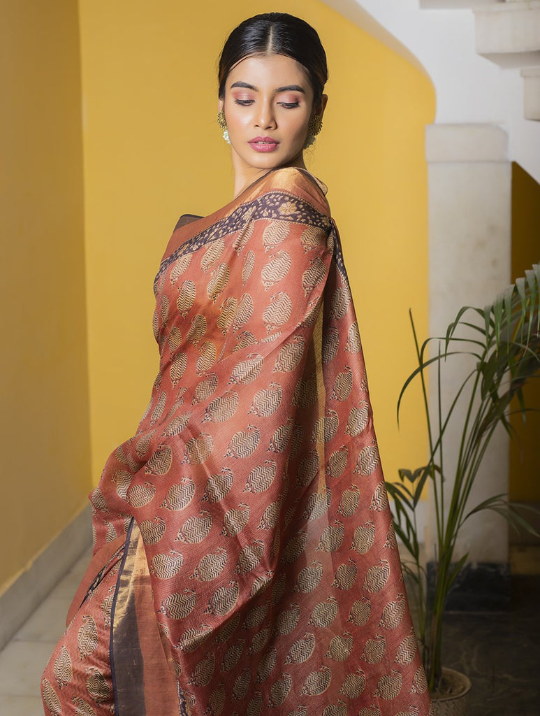 Warm Red, Beige & Dull Gold Printed Tassar Silk Saree With Blouse Online