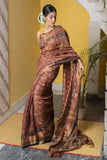 Warm Red, Beige & Dull Gold Printed Tassar Silk Saree With Blouse Online