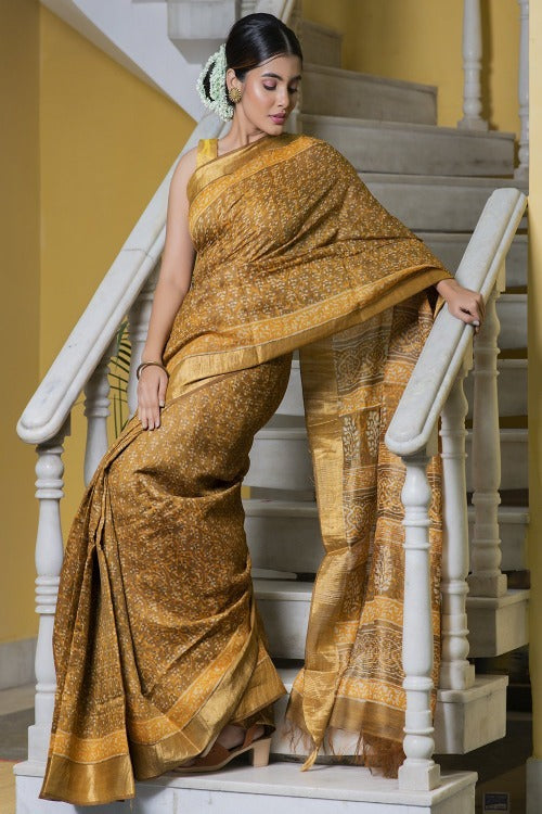 Yellow, Mustard & Dull Gold Printed Tassar Silk Saree With Blouse Online