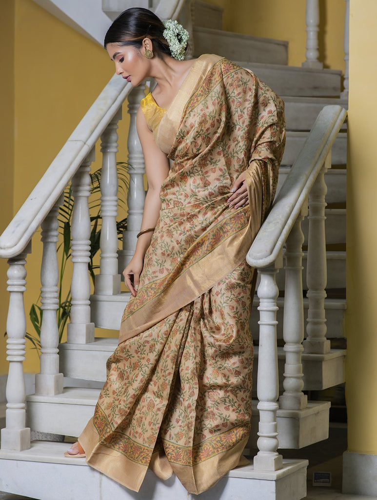 tassar silk saree, printed saree, saree with blouse