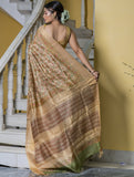 Festive & Exclusive Tassar Silk Sanganeri Bagru Saree (With Blouse Piece) - Beige, Green, Pink & Dull Gold