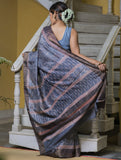 Festive & Exclusive Tassar Silk Sanganeri Bagru Saree (With Blouse Piece) - Blue Grey, Pink & Dull Gold