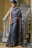Blue Grey, Pink & Dull Gold Printed Tassar Silk Saree With Blouse Online