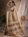 Dark Beige, Green & Gold Printed Tassar Silk Saree With Blouse Online