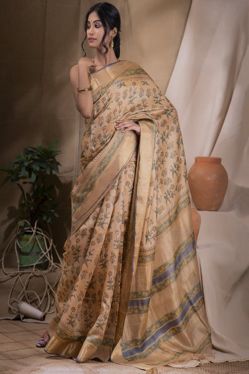 Dark Beige, Green & Gold Printed Tassar Silk Saree With Blouse Online