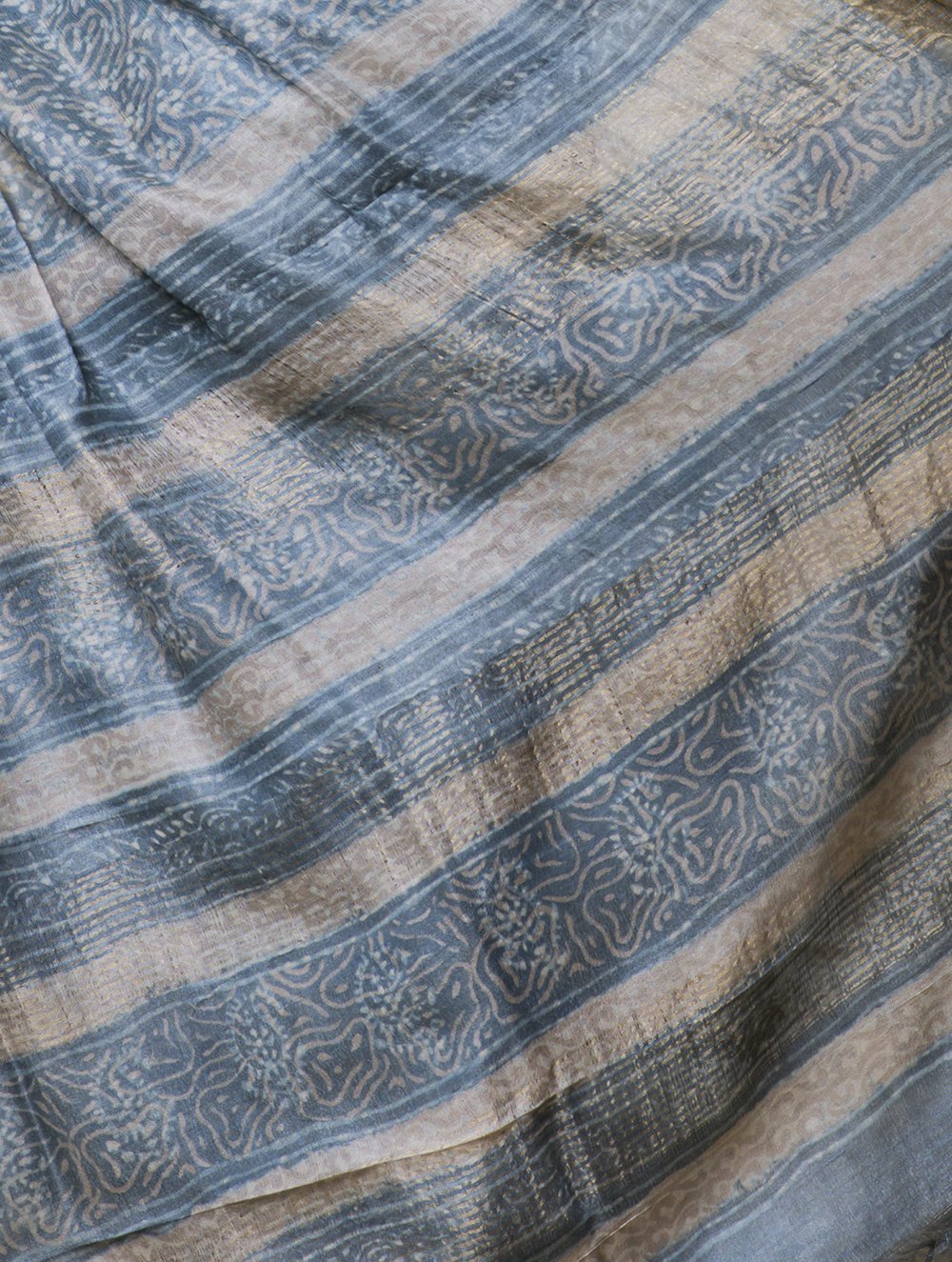 Festive & Exclusive Tassar Silk Sanganeri Bagru Saree (With Blouse Piece) - Soft Blue, Beige & Dull Gold