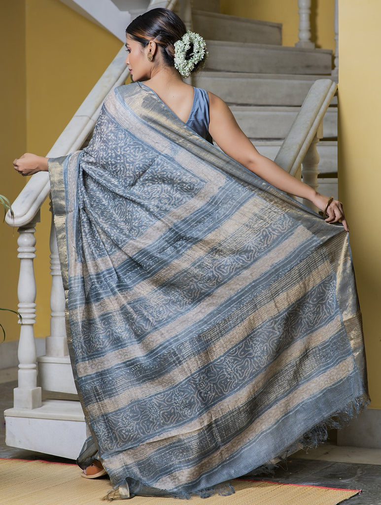 Festive & Exclusive Tassar Silk Sanganeri Bagru Saree (With Blouse Piece) - Soft Blue, Beige & Dull Gold