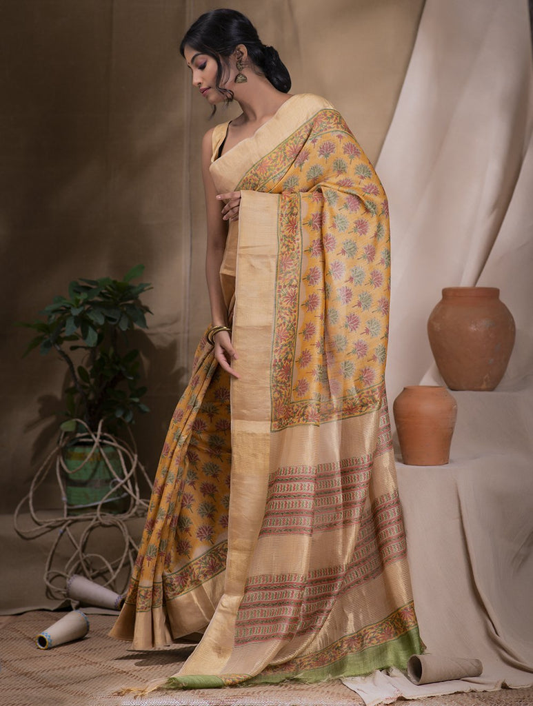 Warm Yellow & Dull Gold Printed Tassar Silk Saree With Blouse Online