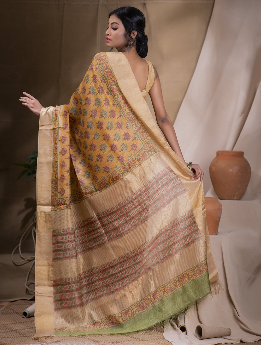 Festive & Exclusive Tassar Silk Sanganeri Bagru Saree (With Blouse Piece) - Warm Yellow & Dull Gold