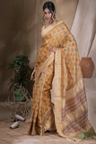 Warm Yellow & Dull Gold Printed Tassar Silk Saree With Blouse Online