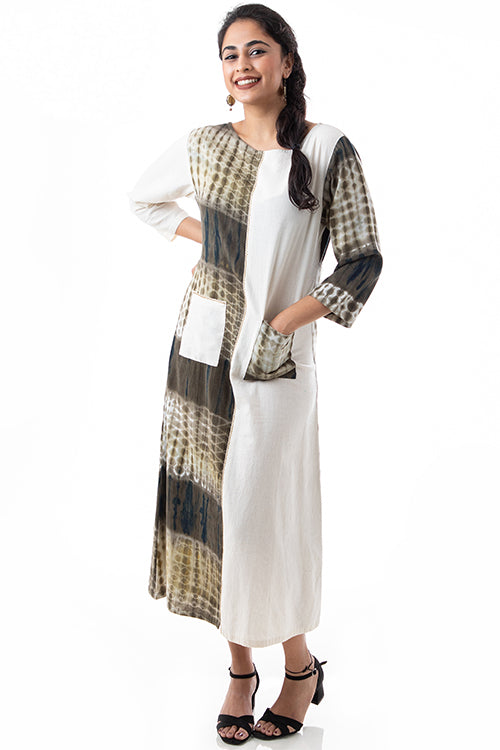 Creative Bee 'GANGA JAMUNA' Half & Half Shibori Handwoven Pure Cotton Dress