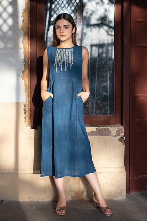 Creative Bee 'ELYSIAN' Handwoven Natural Dyed Indigo Cotton Sleeveless Dress