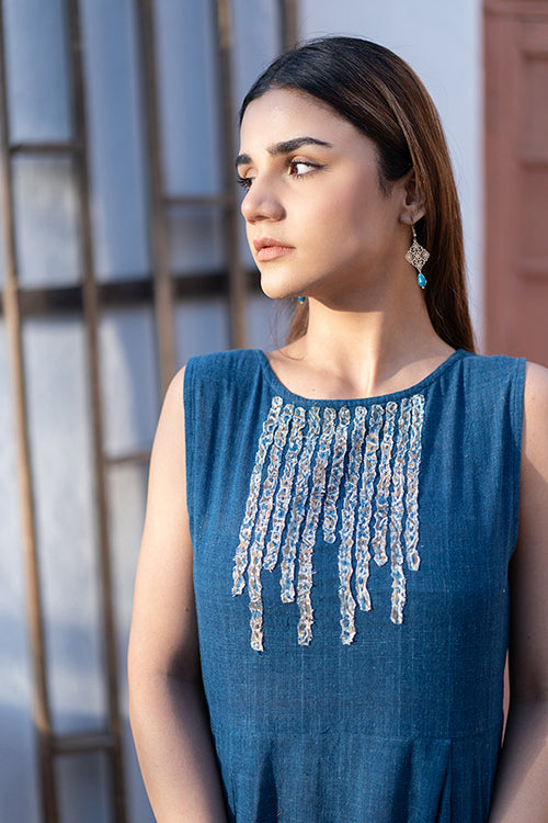 Creative Bee 'ELYSIAN' Handwoven Natural Dyed Indigo Cotton Sleeveless Dress
