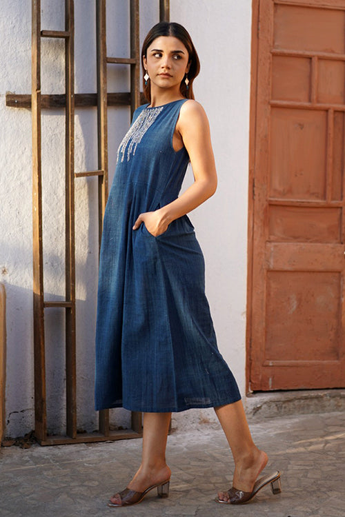 Creative Bee 'ELYSIAN' Handwoven Natural Dyed Indigo Cotton Sleeveless Dress