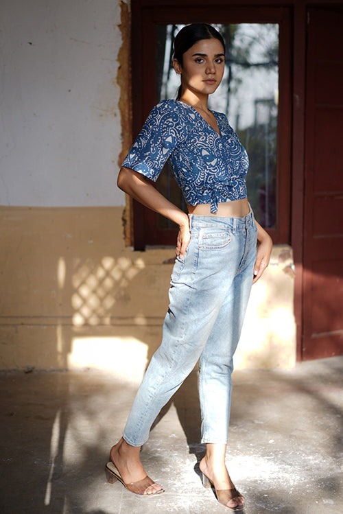 Creative Bee 'SERENE' Handwoven Natural Dyed Block Printed Cotton Wrap Crop Top