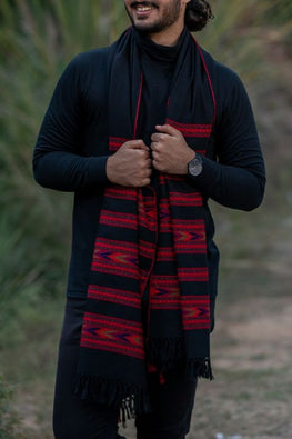 Fine, Soft Himachal Wool Stole With Woven Border - Black