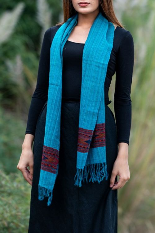 Fine, Soft Himachal Wool Muffler With Woven Border - Blue