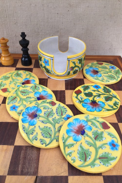 Ram Gopal Blue Pottery Handcrafted ' Coaster Set ' Yellow,Green