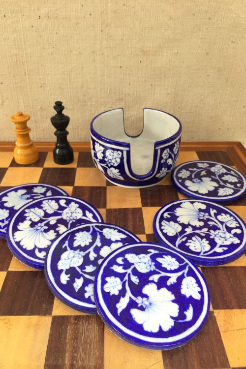 Ram Gopal Blue Pottery Handcrafted ' Coaster Set ' Blue, White