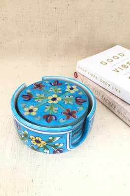 Ram Gopal Blue Pottery Handcrafted ' Coaster Set ' Light Blue, White